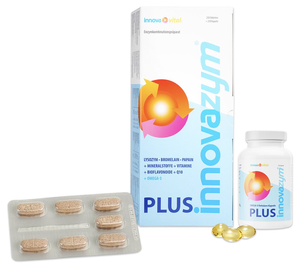 innovazym PLUS mit Tabletten und Omega-3-Kapseln